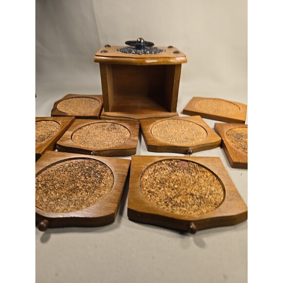 Vintage Cork Coaster Set with Wood Caddy Carrier Holder Brass Trim 082425 - Picture 4 of 10
